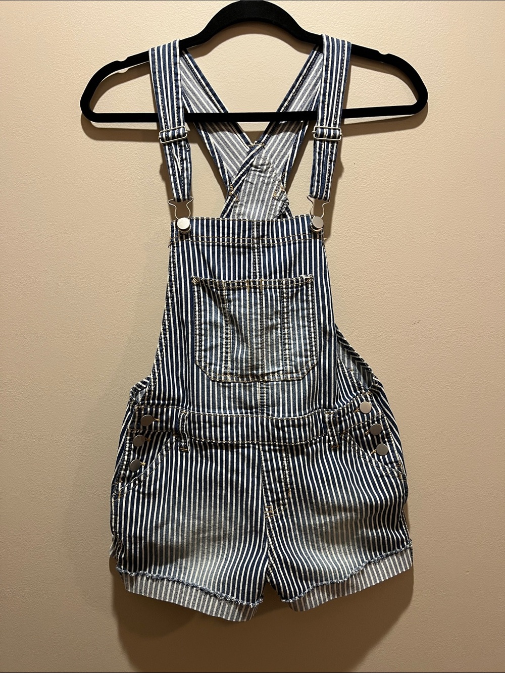Striped Denim Short Overalls - Navy and White